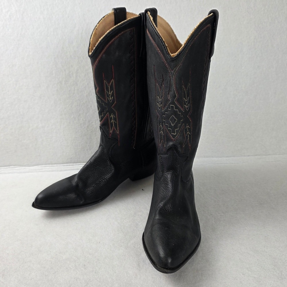 Acme Black Leather Western Cowboy Boots Pointed Toe Embroidered Women's 7.5